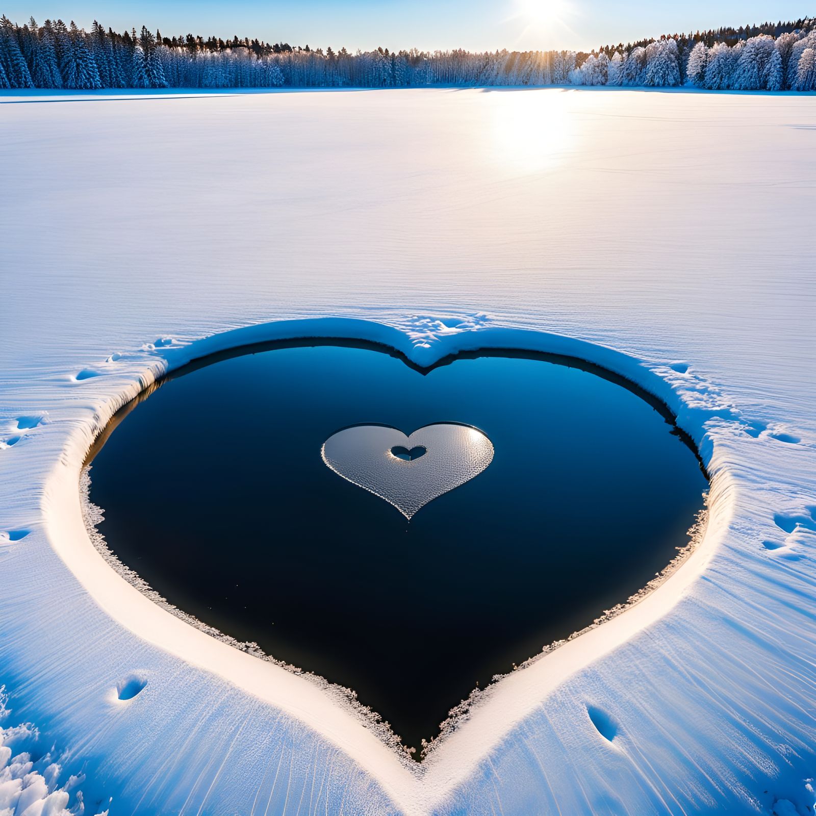Heart-Shaped Hole in Frozen Lake on Sunny Day