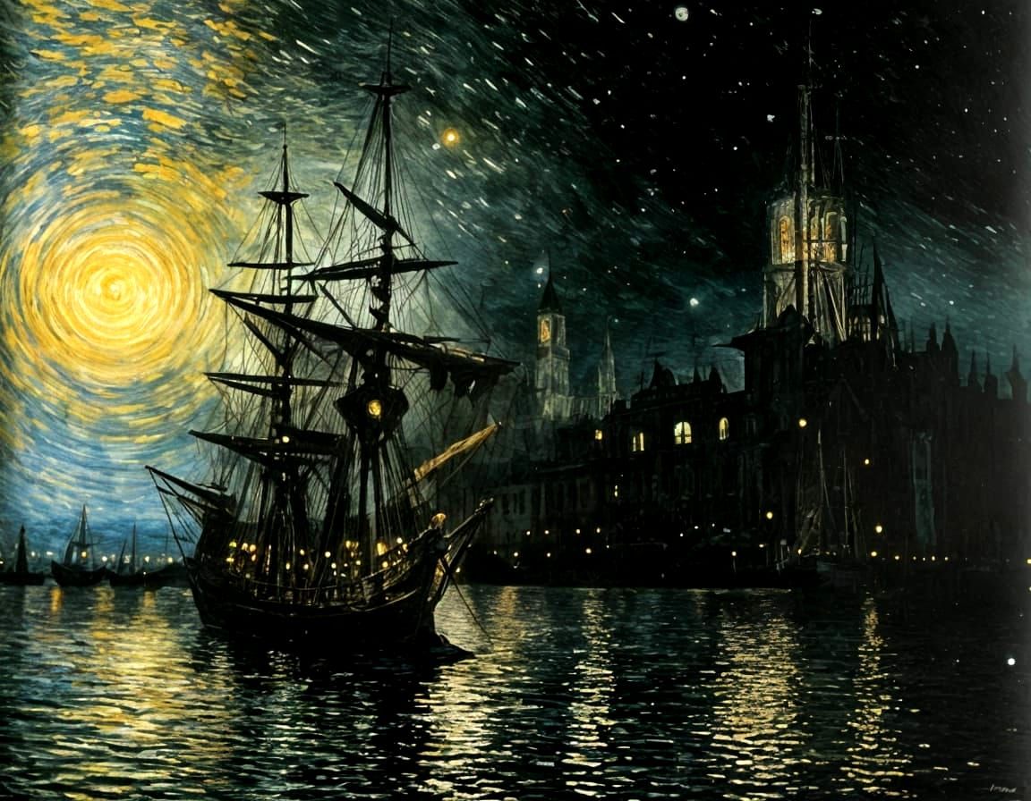 Surreal Pirate Galleon at Night: Giger and Van Gogh