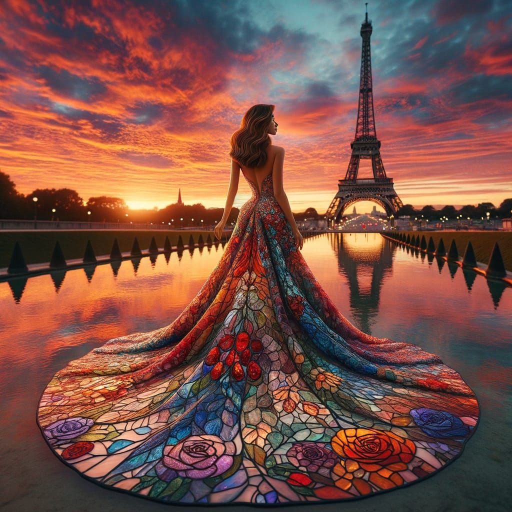 Hispanic Woman in Stained Glass Gown Faces Eiffel Tower at S...
