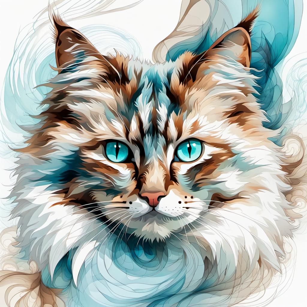 Watercolor Fluffy Cat with Aquamarine Eyes