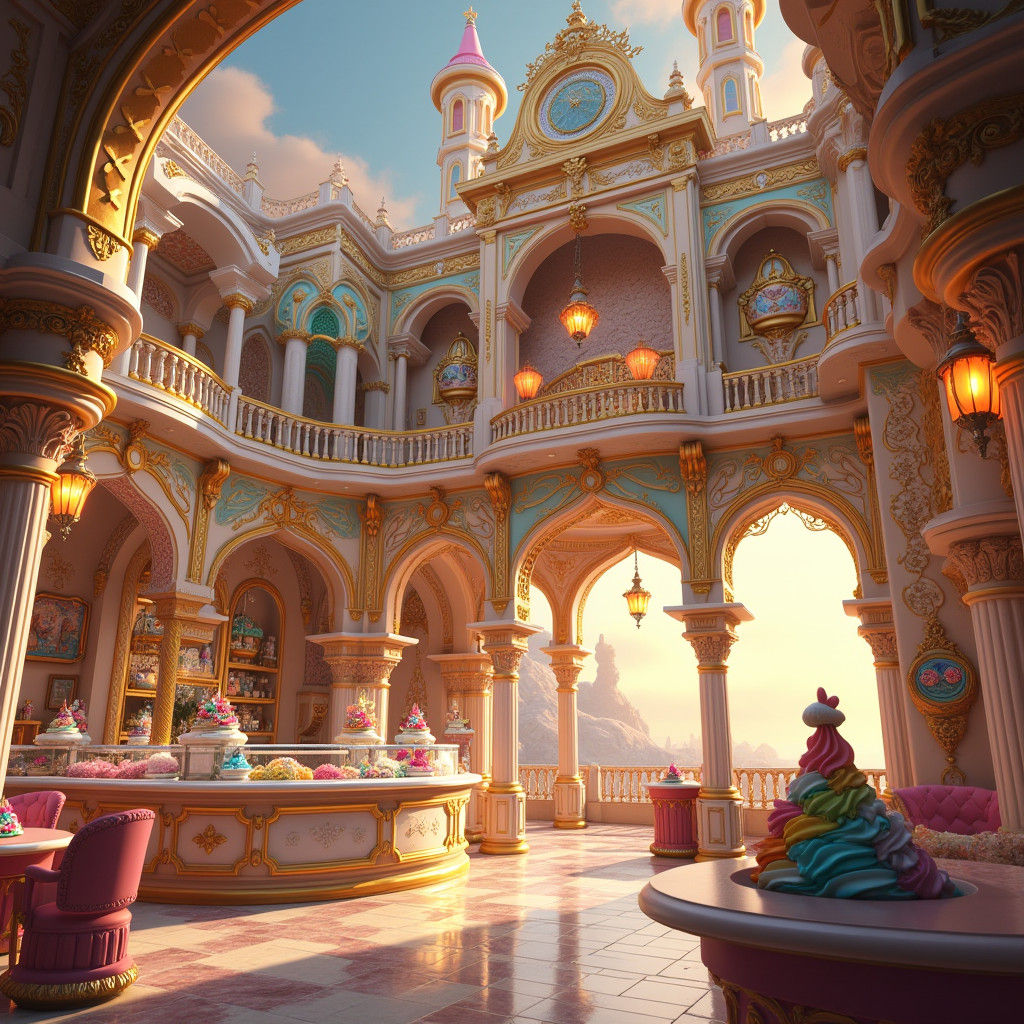 Majestic Ice Cream Palace at Sunset: Fantasy Concept Art