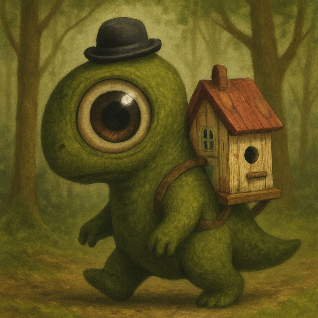 Moss Dinosaur with Birdhouse Knapsack in Forest