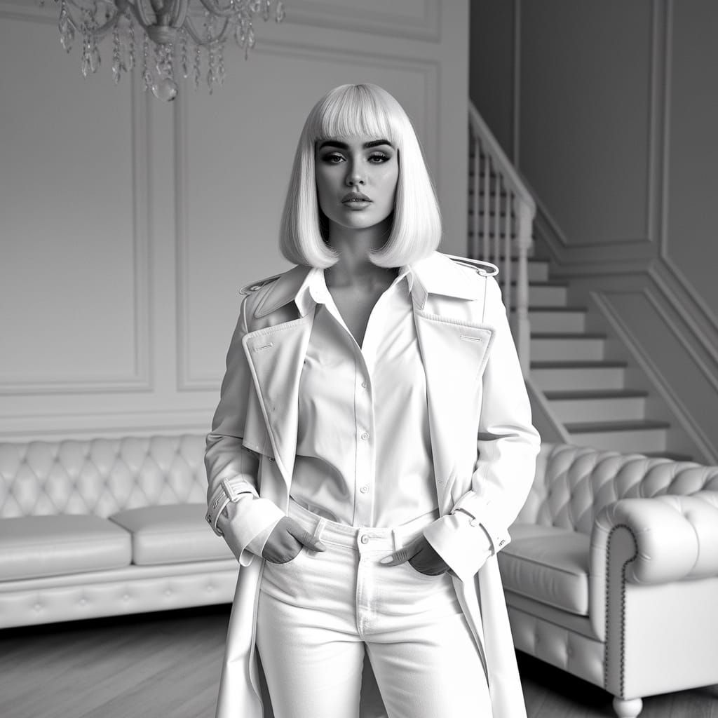 Elegant Woman in White Minimalist Room