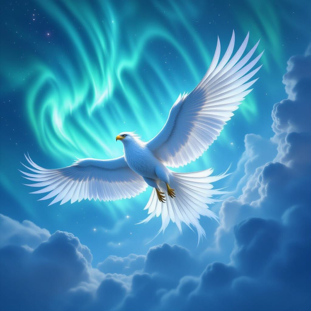 Majestic Griffin Soars Through Ethereal Aurora Sky