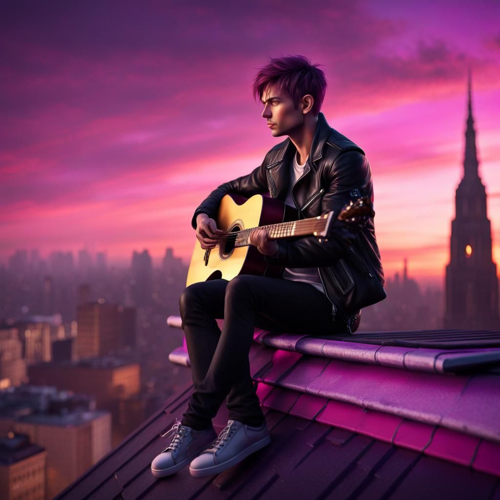 Rooftop Guitarist at Sunset in Detailed Matte Style