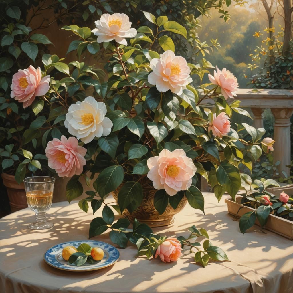 Camellia and Ivy Still Life Oil Painting in Garden
