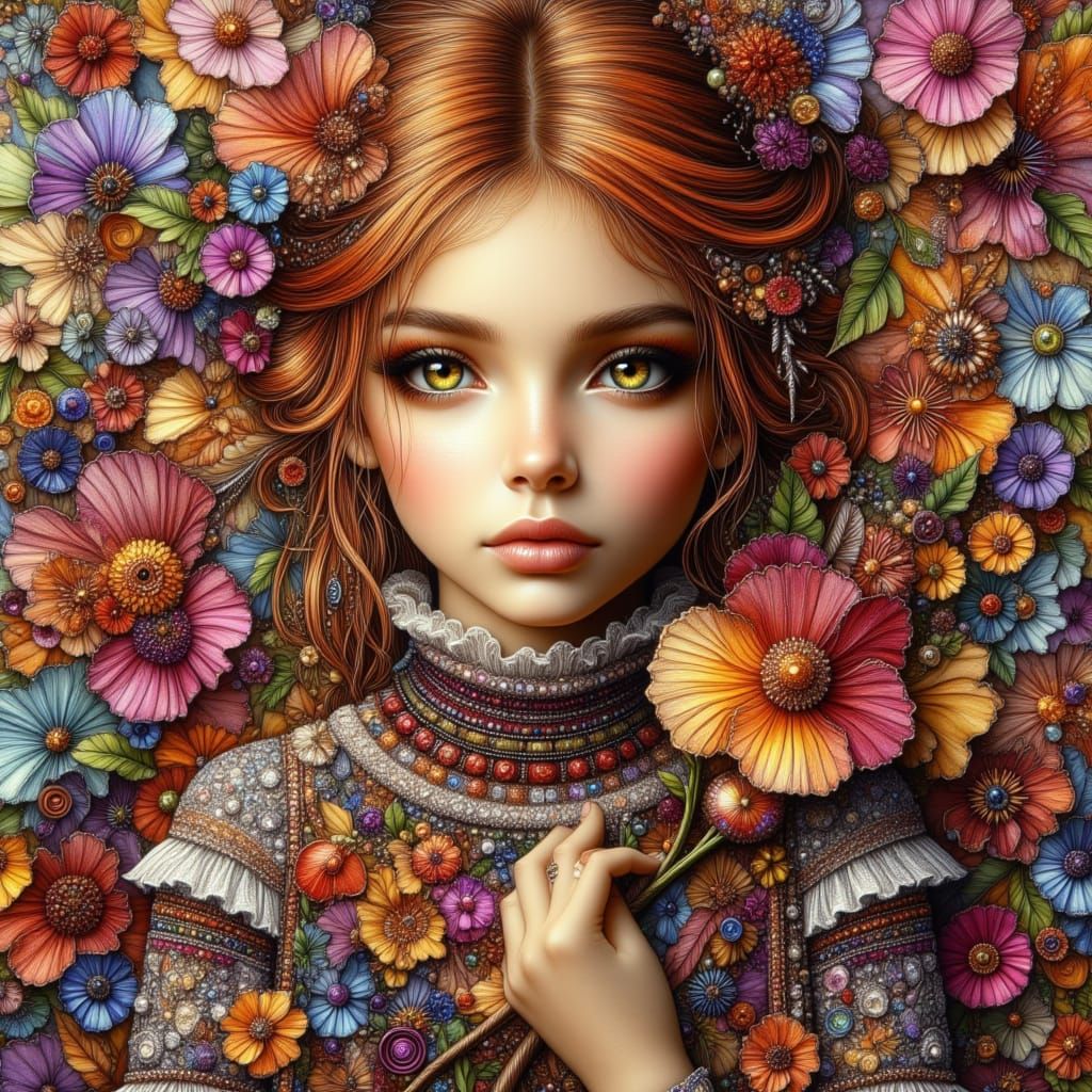 Cute Girl with Button Flowers in Bohemian Style