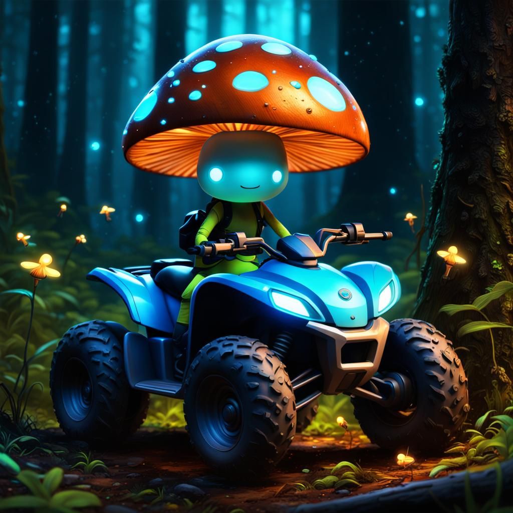 Bioluminescent Mushroom ATV Ride: Pixar Style