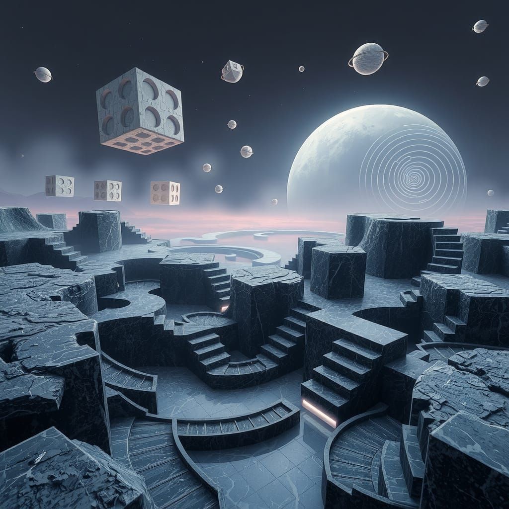 Surreal Marble Landscape with Floating Shapes