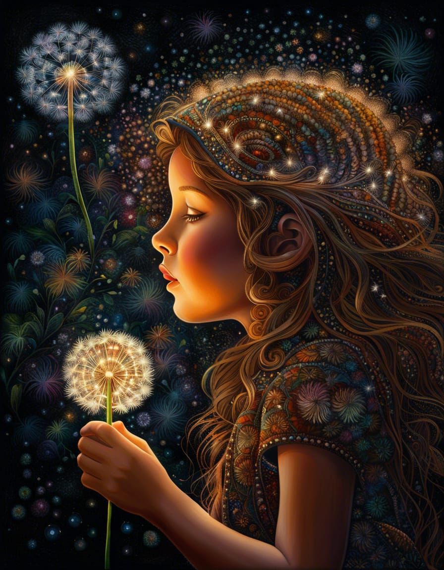 A dark background excessively detailed mosaic with tiny pieces of a little long haired toddler blowing on a dandelion fl...