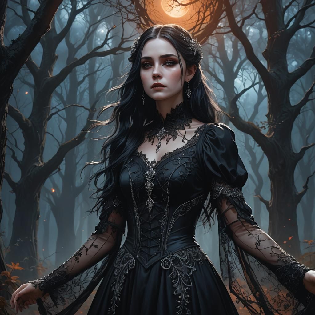 Gothic Woman in Moonlit Forest Concept Art