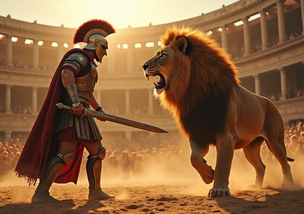Gladiator and Lion Clash in Ancient Arena