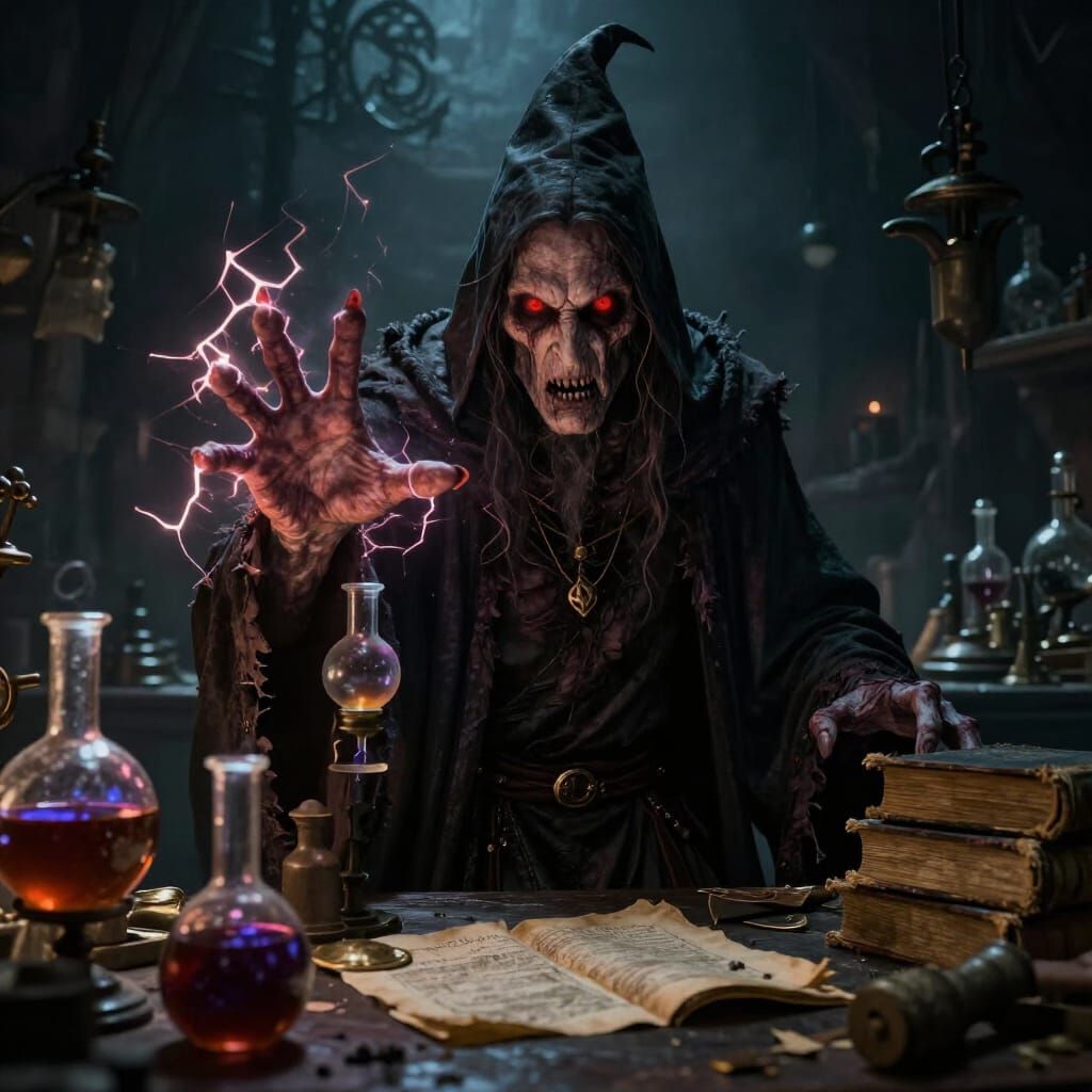 Mad Wizard with Glowing Eyes in Dark Fantasy Style