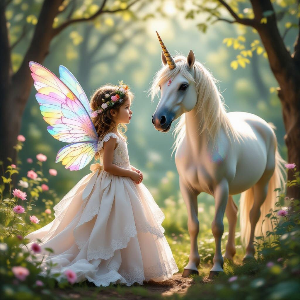 Fairy Girl and Iridescent Unicorn in Enchanted Forest