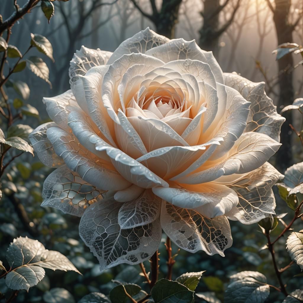 Lace Rose in Mystical Forest, Fantasy Matte Painting