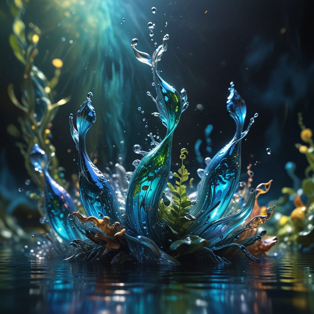 Hyper-realistic fantasy art. Close-up. A group of fantastic transparent flowing playful animistic creatures made of wate...