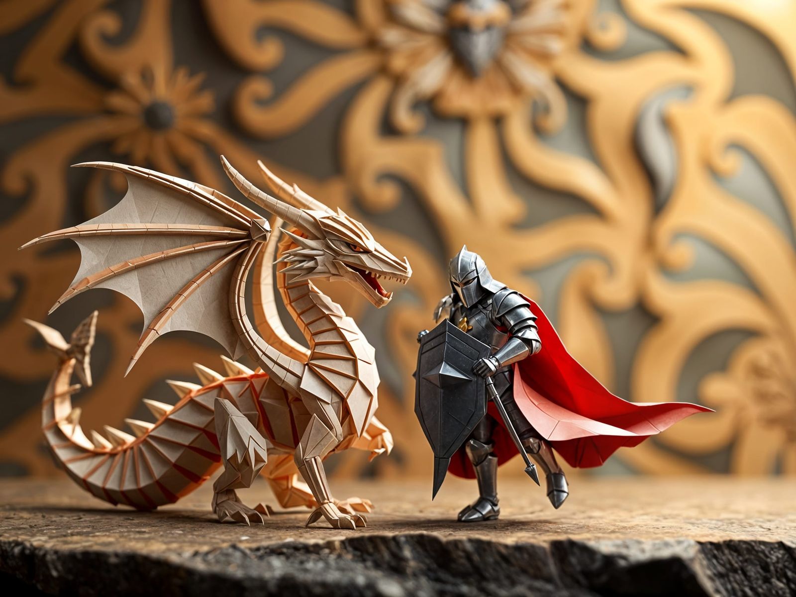 Origami Dragon and Knight in Soft Focus Papercraft