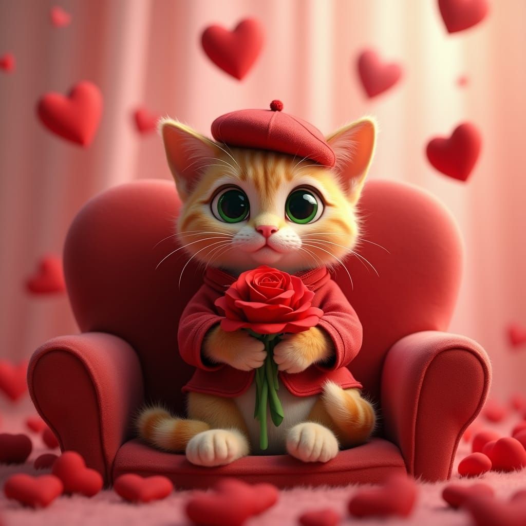 Whimsical Cat in Red Beret and Heart-Shaped Armchair