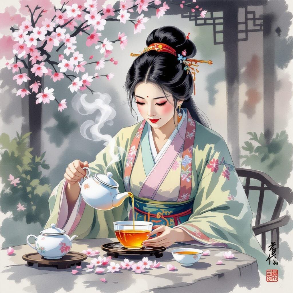 Comical Tea Pouring Mishap in Serene Garden