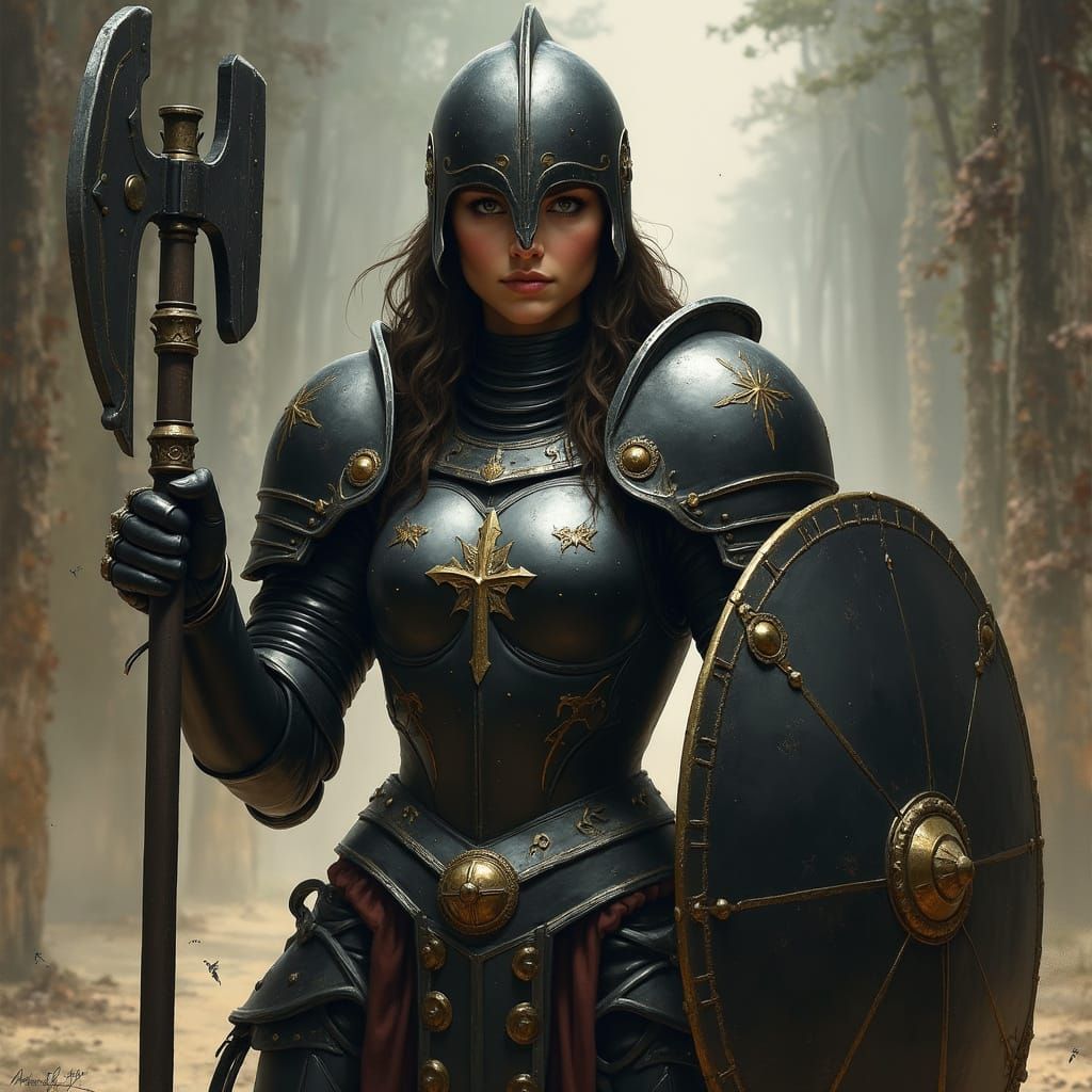 Armored Woman Warrior With Mace in Retrofuture Style