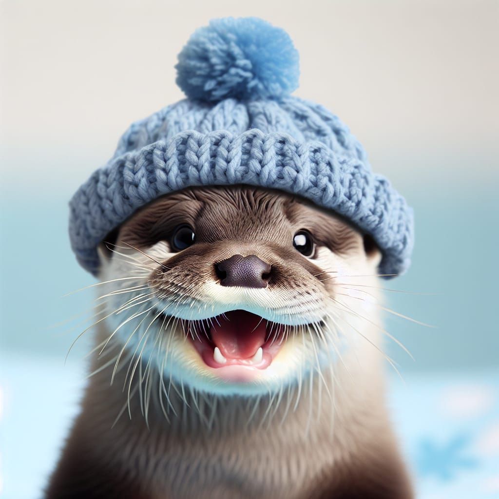 Norman the baby otter gets a new hat.