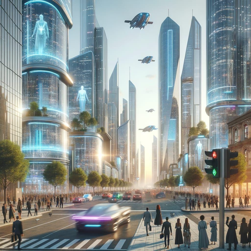 Photorealistic Futuristic Cityscape with Neon Lights and Fly...