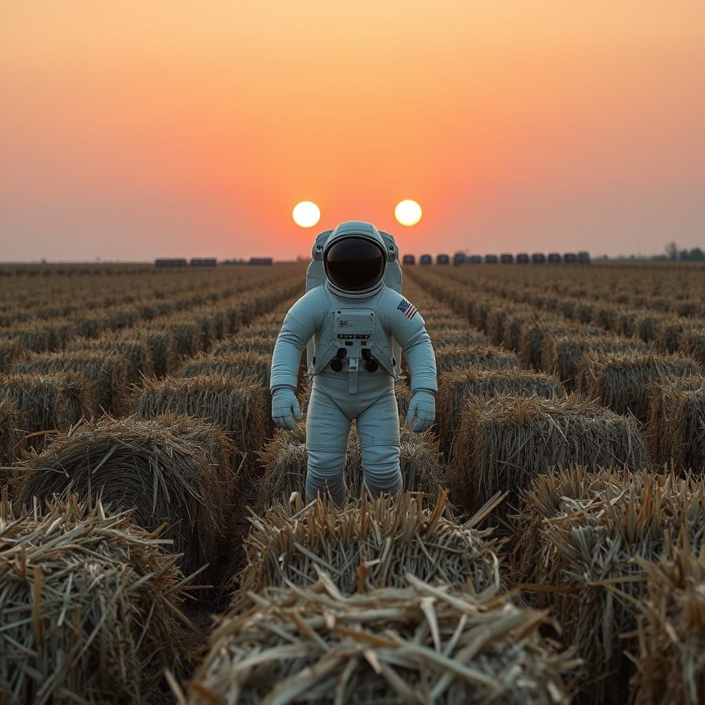 Astronaut in Hay Field with Two Suns
