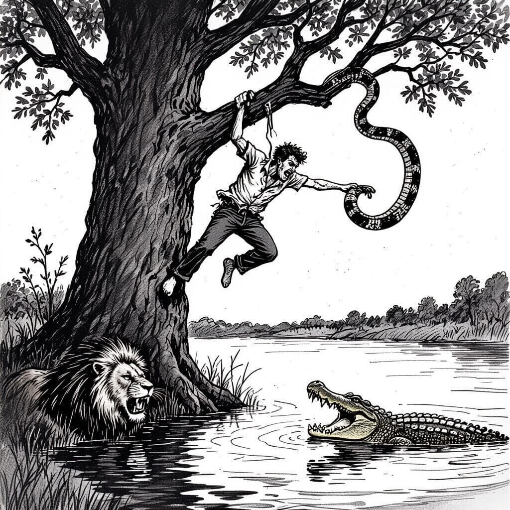 Man Clings to Tree Branch Above Lake in Pencil Sketch