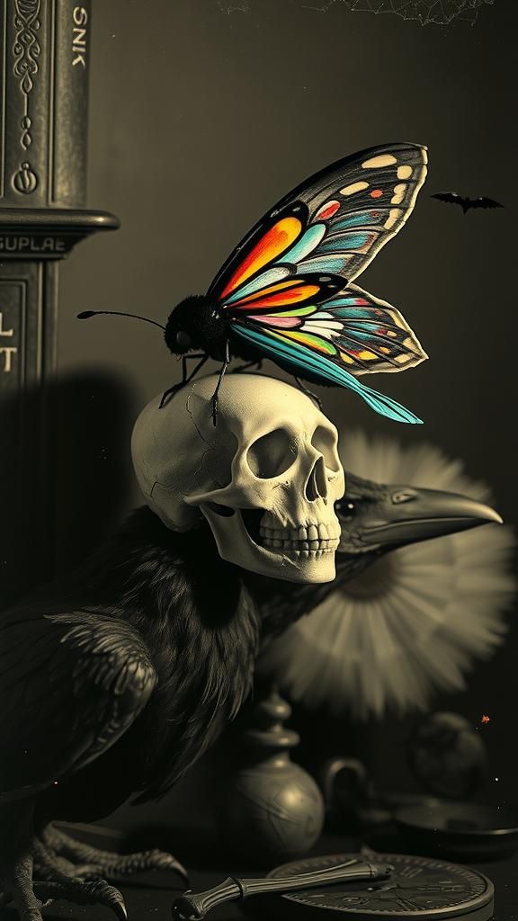 Sugar Skull Moth with Raven in Surreal Rayograph Style