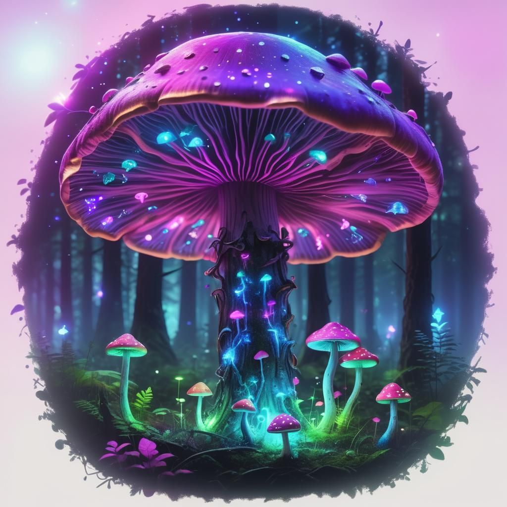 Glowing Neon Mushrooms in Magical Forest, Abstract Art