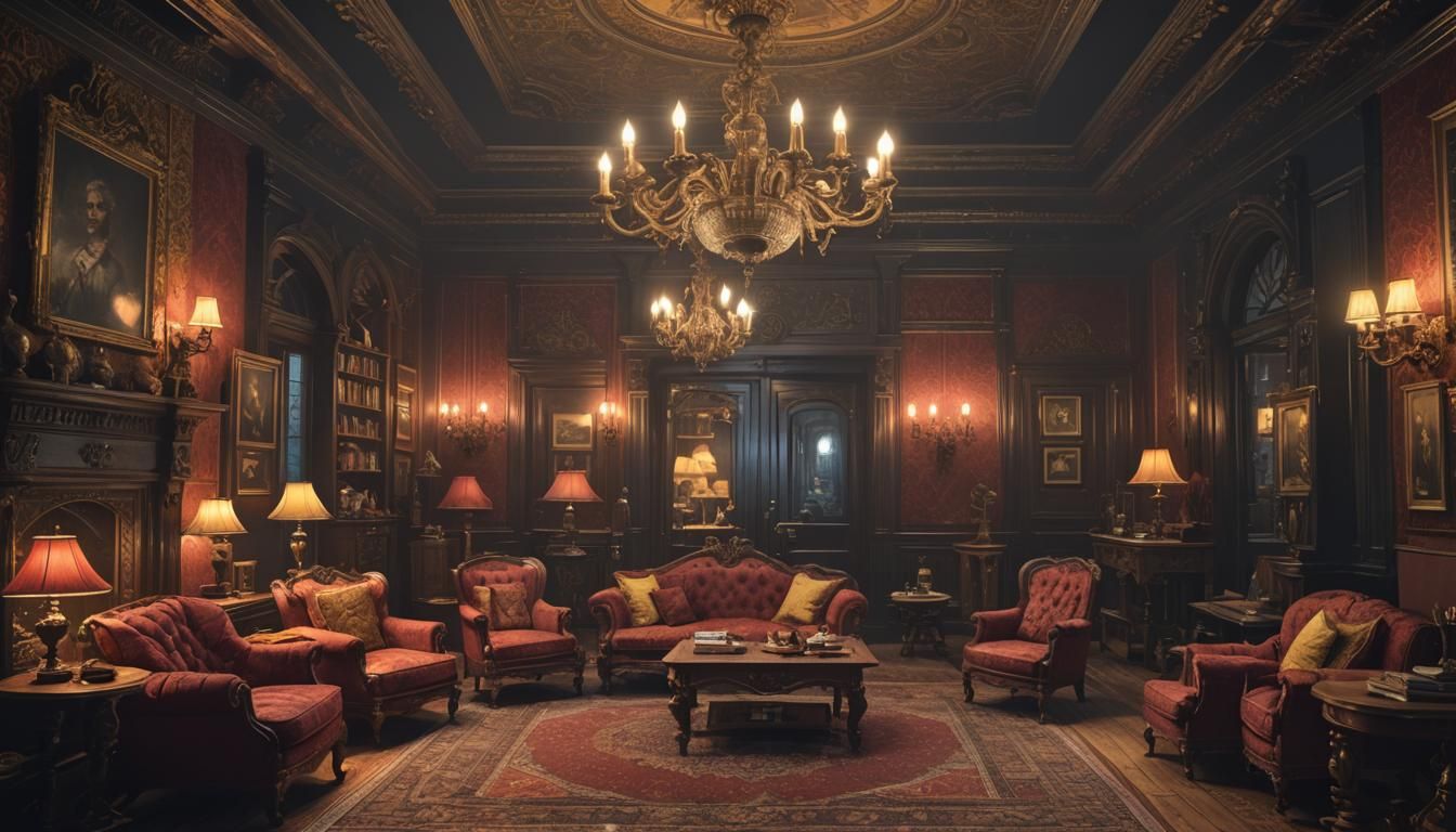 Victorian Sitting Room at Night in Dark Fantasy Style