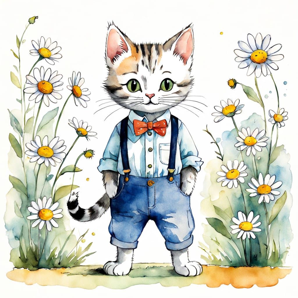 Whimsical Watercolor Kitten in Classic Children's Book Style