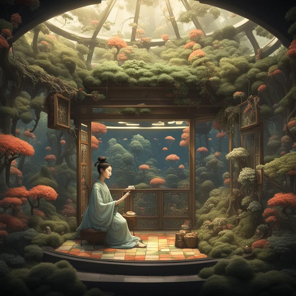 Beautiful Japanese Woman in Cubic Terrarium, 3D Render