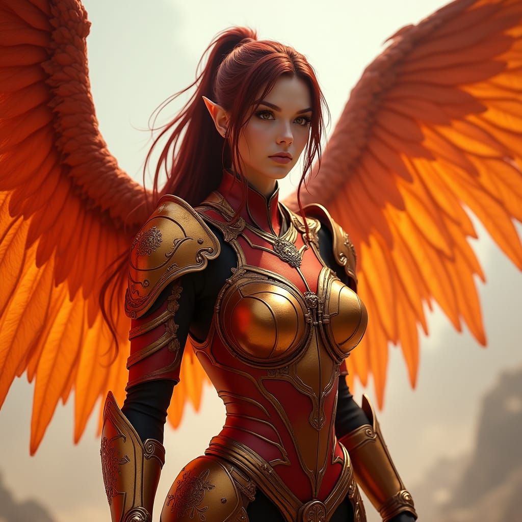 Elegant Fantasy Warrior Princess with Phoenix Wings in a Cyb...