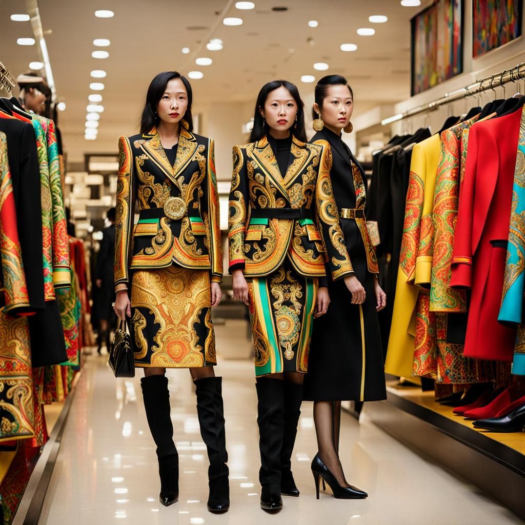 Businesswomen in Versace Suits Inside Clothing Store