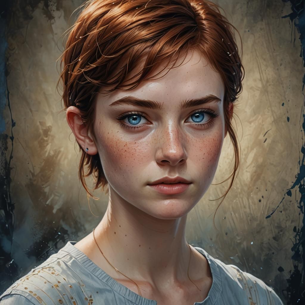 Hyperrealistic Portrait of a Freckled Auburn-Haired Girl