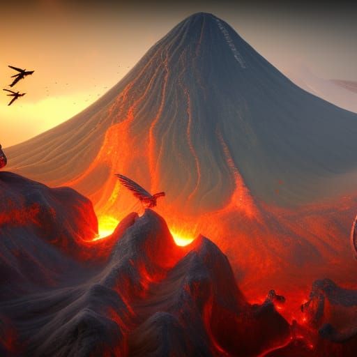 Birds Flying Around a Volcano: Detailed Matte Painting