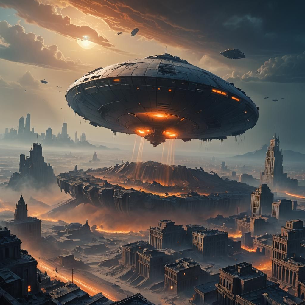 Glowing UFO Looms Over Dystopian Cityscape