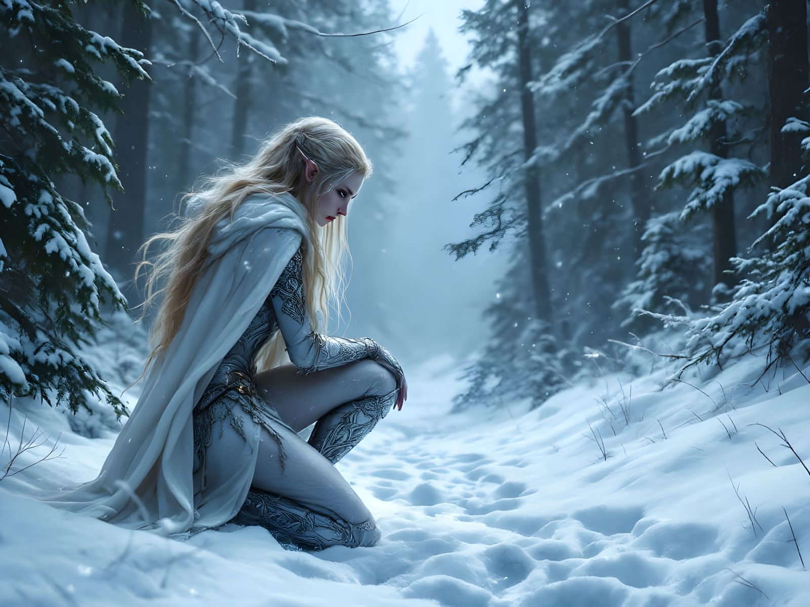 Winter Elf Stalks Snowy Prey in Dark Fantasy Realm