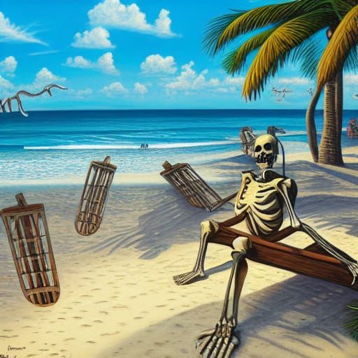 Skeleton Sunbathing: Oil Painting Beach Scene