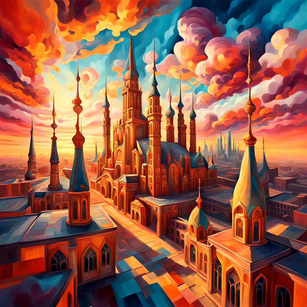 Surreal Dreamlike Cityscape in Oil Painting Style