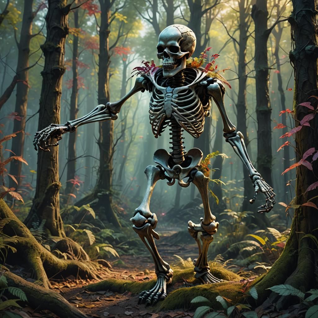 Dancing Skeleton in Dark Fantasy Forest, Detailed 8K Art
