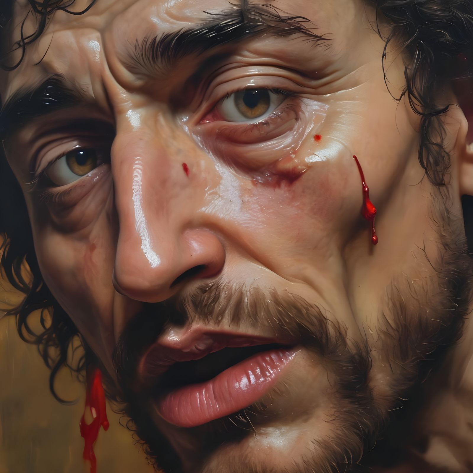 Baroque-style oil painting. Close-up. A tormented Judas Isca...