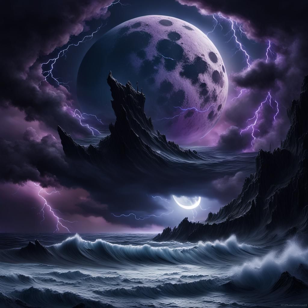 Epic Black Moon Dominates Stormy Dark Fantasy Landscape
