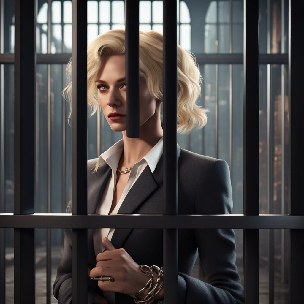Arrested Blonde Businesswoman Behind Bars: Detailed Matte Pa...