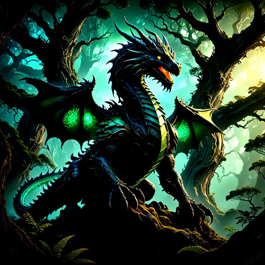 Mechanical Dragon on Ancient Tree in Misty Alien Forest