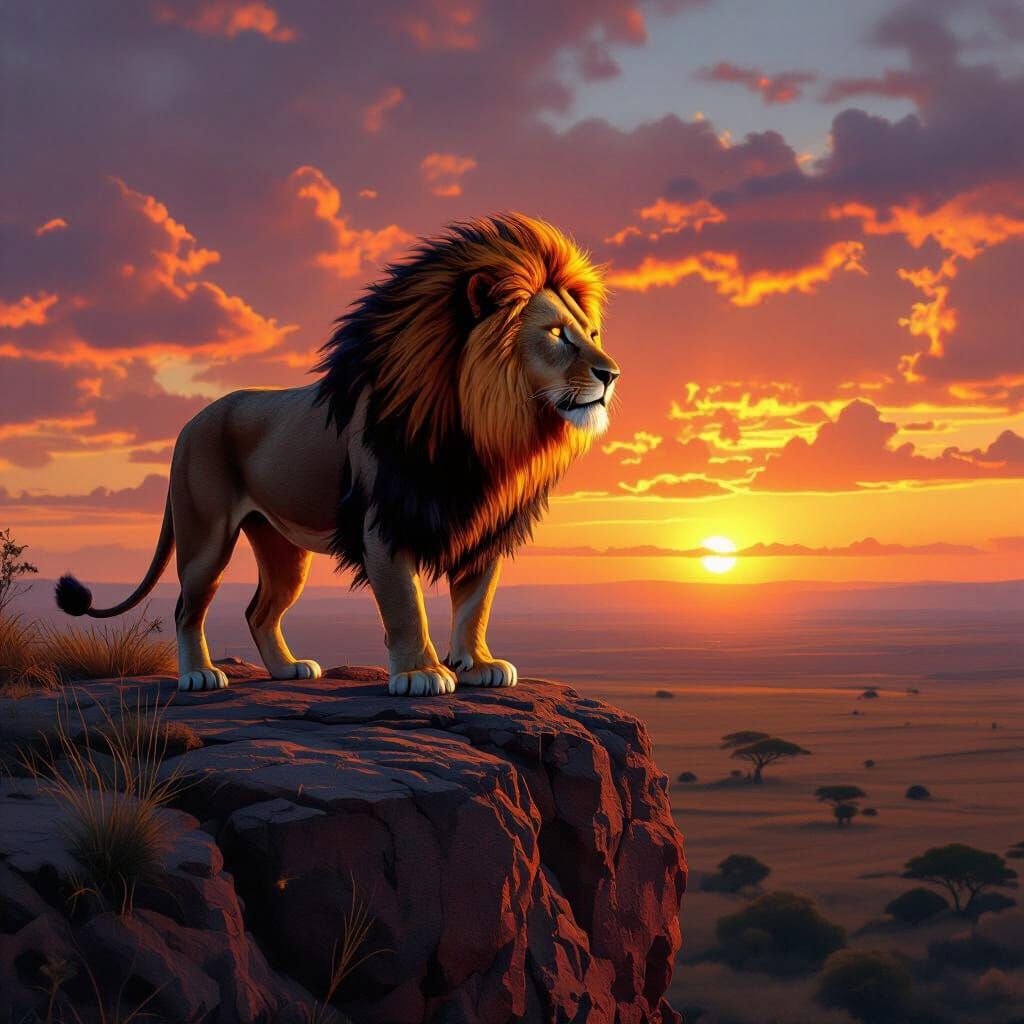Lion with Fiery Mane Overlooking Savanna at Sunset
