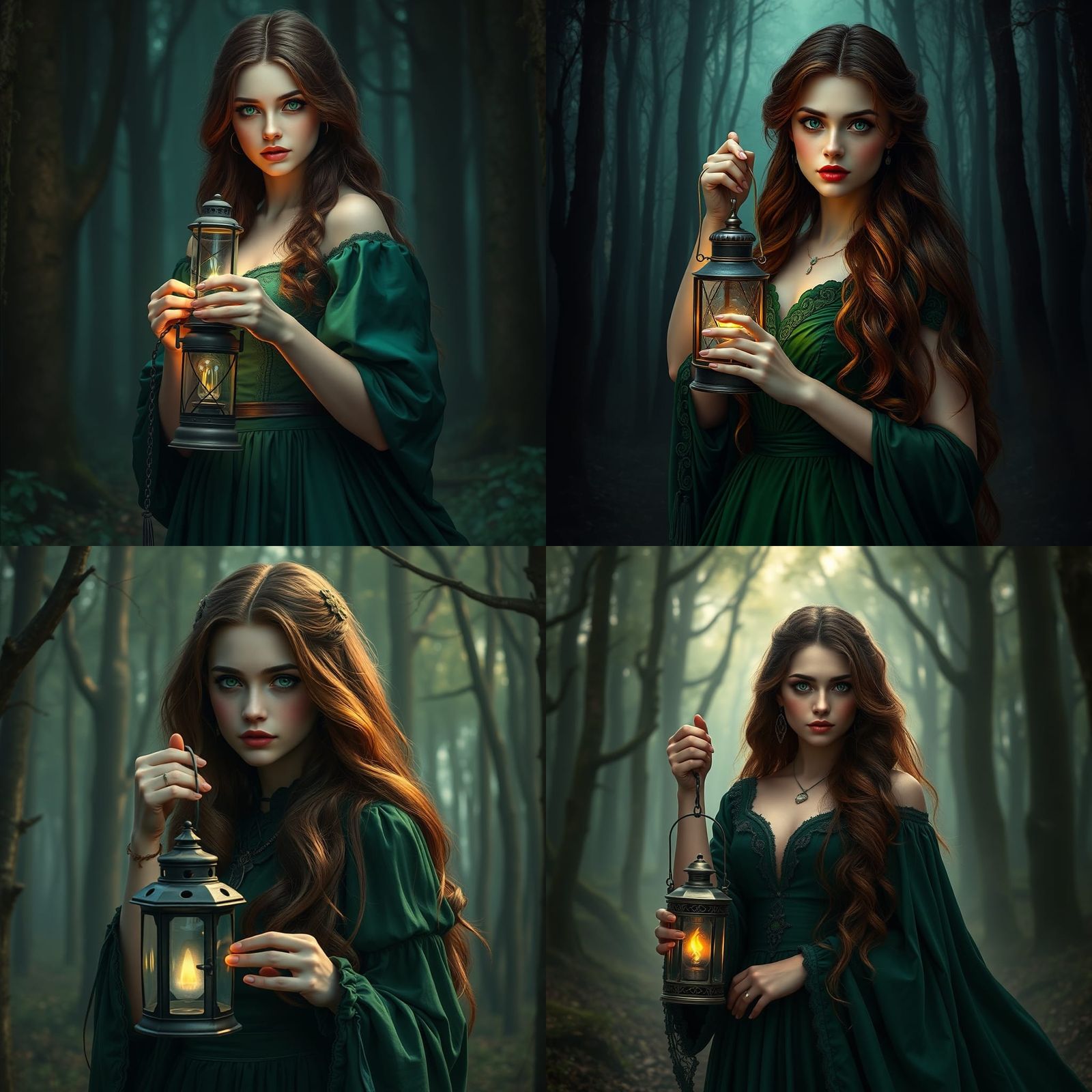 Victorian Woman with Lantern in Mystic Forest