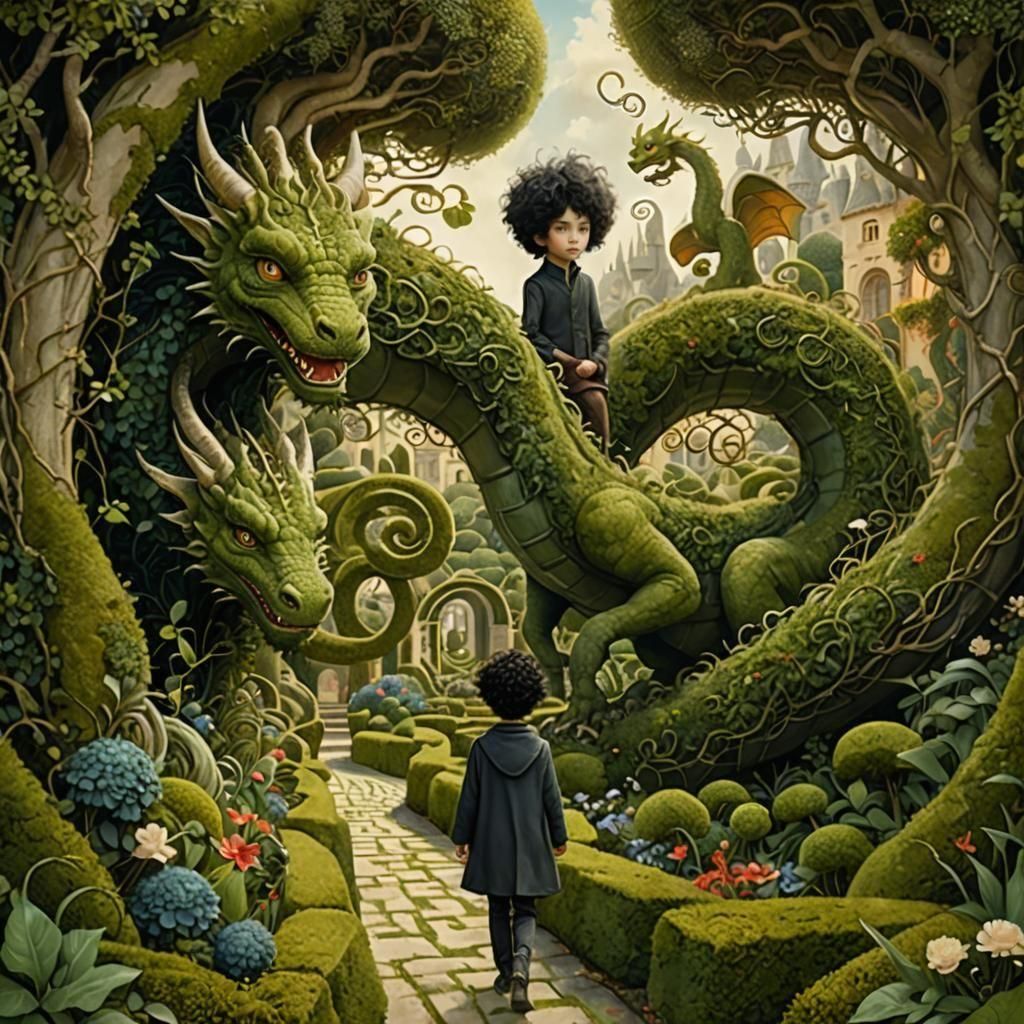 Boy's Dream Journey Through Surreal Dragon Maze