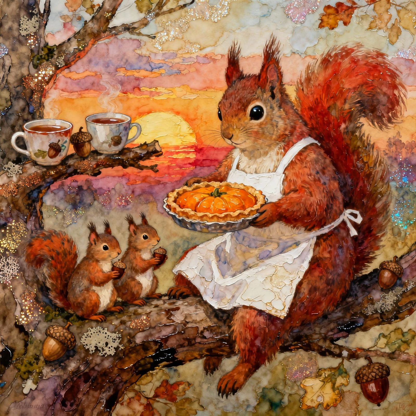 Mother Squirrel Serves Autumn Pie in Watercolor Style